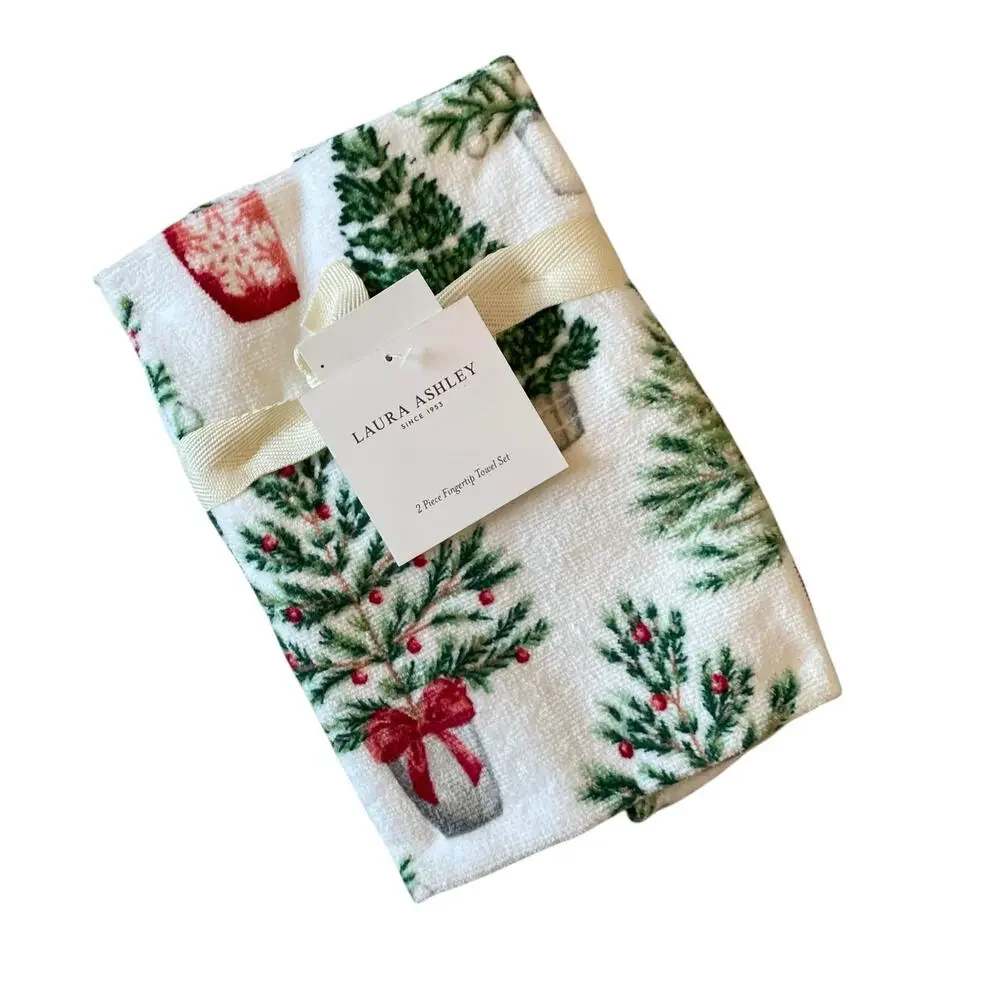 4pc Laura Ashley Christmas Tree Towel Set 2 Finger Tip 2 Bath Cotton New